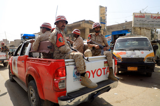 Military police forces loyal to Yemen’s Houthis take part in a military parade. (File/AFP)