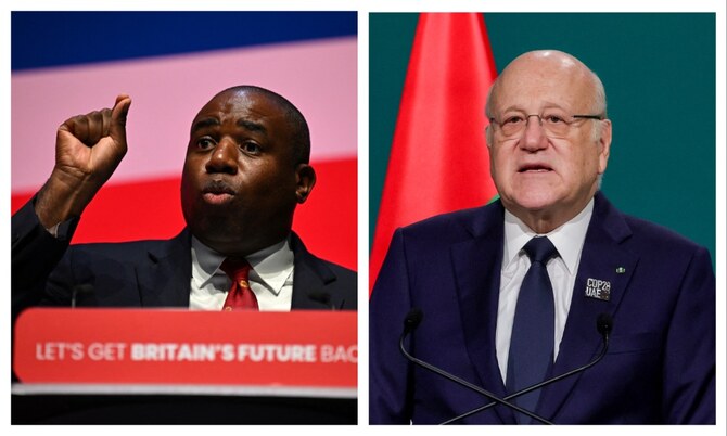 British Foreign Secretary David Lammy spoke to Najib Mikati, Lebanese caretaker prime minister, by phone on Tuesday. (File/AFP)