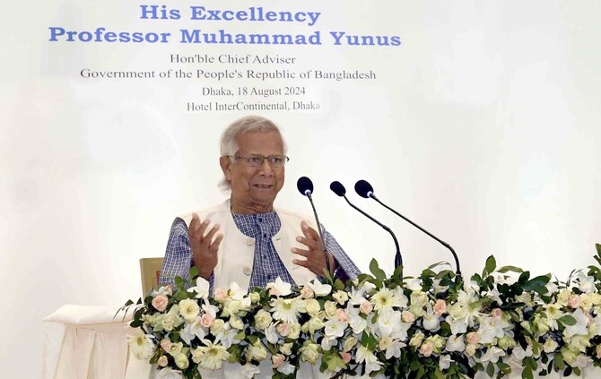 Muhammad Yunus, chief adviser of Bangladesh’s interim government, addresses foreign diplomats in Dhaka on Aug. 18, 2024.