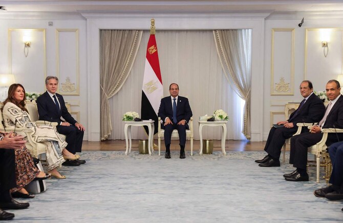 US Secretary of State Antony Blinken meets with Egyptian President Abdel Fattah El-Sisi (C) and Egypt’s Foreign Minister.