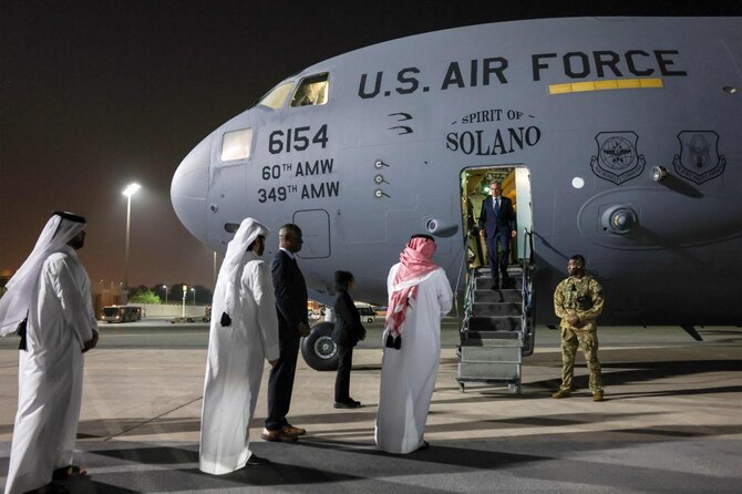 US Secretary of State Antony Blinken disembarks from his aircraft upon arrival in Doha on August 20, 2024. (AFP)