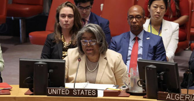 Ambassador Linda Thomas-Greenfield, Representative of the US to the UN, speaks during a UNSC meeting.