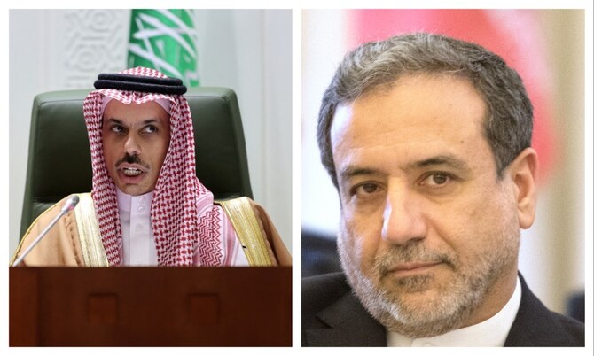 Saudi Foreign Minister Prince Faisal bin Farhan and his Iranian counterpart Abbas Araghchi. (File/AFP)