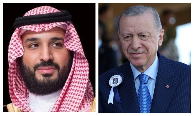 Saudi Crown Prince Mohammed bin Salman and Turkish President Recep Tayyip Erdogan. (File/SPA/Reuters)