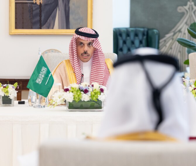 Saudi Foreign Minister Prince Faisal bin Farhan chairs a Saudi-Qatari Coordination Council meeting in Riyadh on Sunday. (SPA)