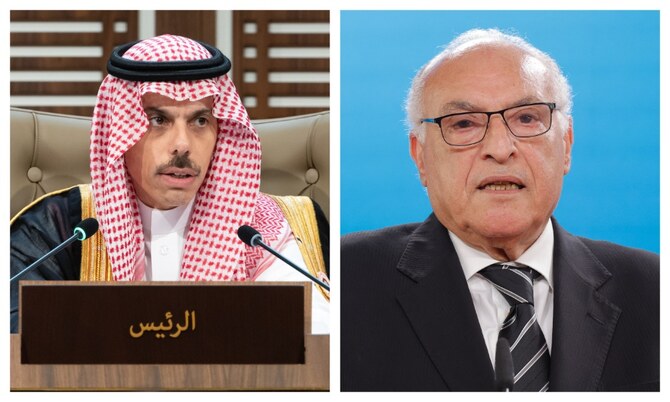 Saudi Foreign minister Prince Faisal bin Farhan and his Algerian counterpart Ahmed Attaf. (File/AFP)