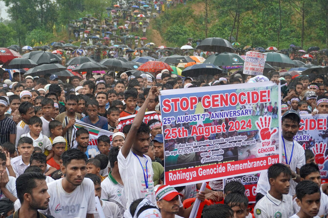 Rohingya refugees gather to mark the seventh anniversary of their fleeing from Myanmar to escape a military crackdown in 2017.