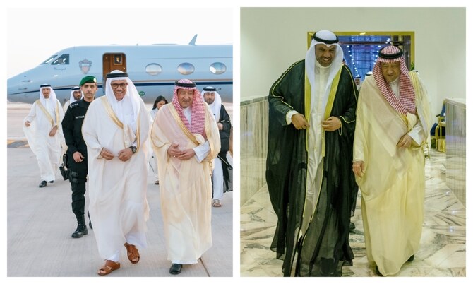 Bahrain’s Abdullatif bin Rashid Al-Zayani and Kuwait’s Abdullah Ali Al-Yahya arrive at King Khalid International Airport.