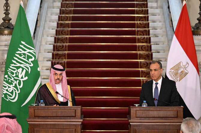 Saudi Arabia’s Foreign Minister Faisal bin Farhan gives a joint press conference with his Egyptian counterpart Badr Abdelatty.