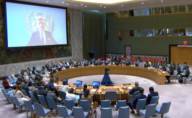 The UN’s special envoy for Yemen, Hans Grundberg, addresses a UN Security Council meeting on Thursday. (Screenshot)