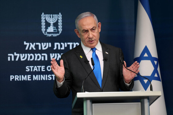 Israeli Prime Minister Benjamin Netanyahu speaks during a press conference for the international media.