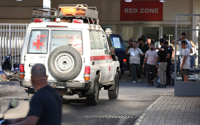 An ambulance arrives at a hospital as more than 2,000 people, including Hezbollah fighters and medics, were wounded on Tuesday.