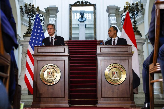 Egypt’s Foreign Minister Badr Abdelatty and US Secretary of State Antony Blinken give a press conference in Cairo.