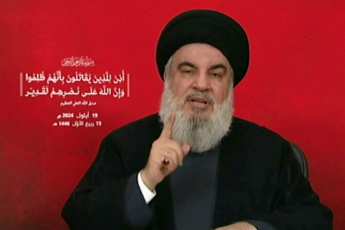 Hezbollah chief Hassan Nasrallah addresses Lebanon from an undisclosed location on September 19, 2024. (AFP)