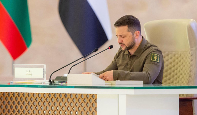 Ukraine's President Volodymyr Zelensky addressing the Arab League Summit in Jeddah. (AFP)