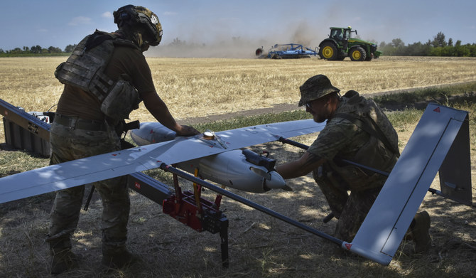 Soldiers of Ukraine's National Guard 15th Brigade launch a reconnaissance drone in Zaporizhzhia region, Ukraine. (AP)