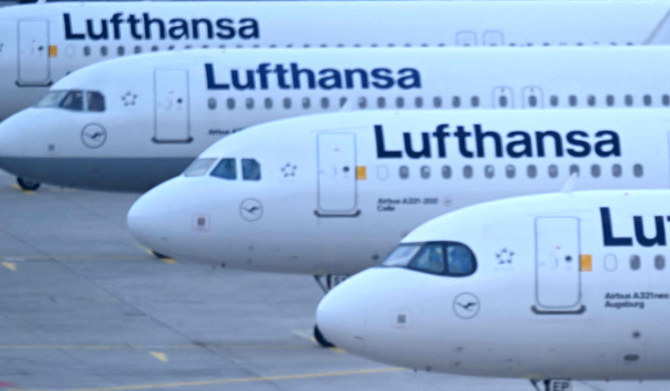 The logo of German airline Lufthansa at the airport in Frankfurt am Main, western Germany, on March 7, 2024. (AFP)