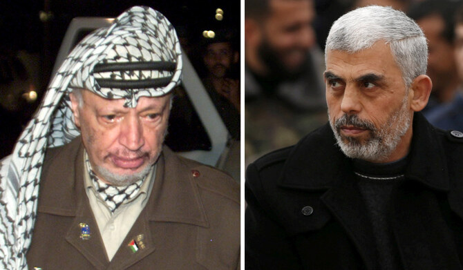 Yasser Arafat (L) and Yahya Sinwar. (REUTERS file photo)