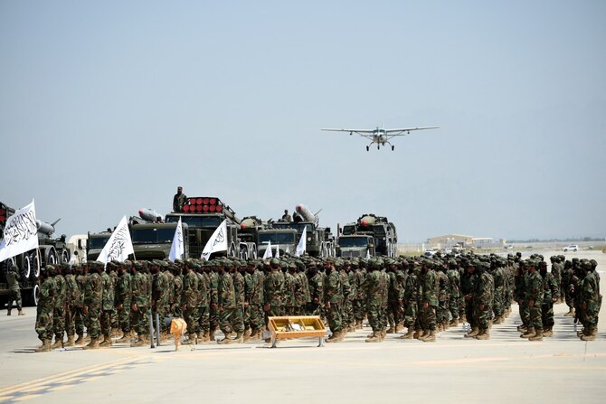 Taliban displayed their newly found military strength in a dazzling parade last week at Bagram airfield. (AFP)