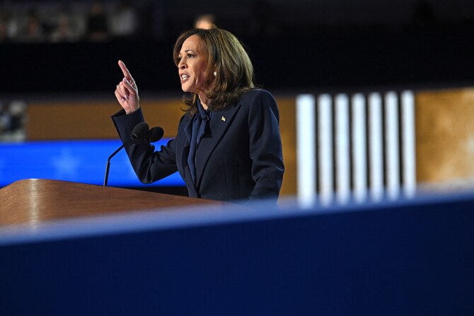 Harris’ speech at the Democratic National Convention contained the usual carefully constructed ambiguities (File/AFP)