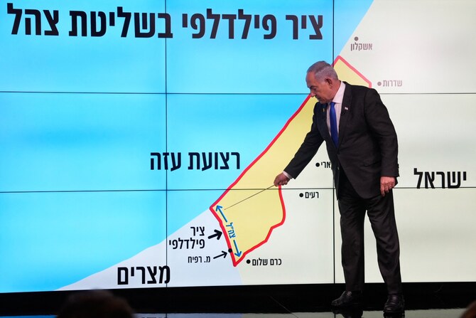 Netanyahu tells viewers that Israel must retain control over the “Philadelphi corridor” during a news conference (File/AFP)